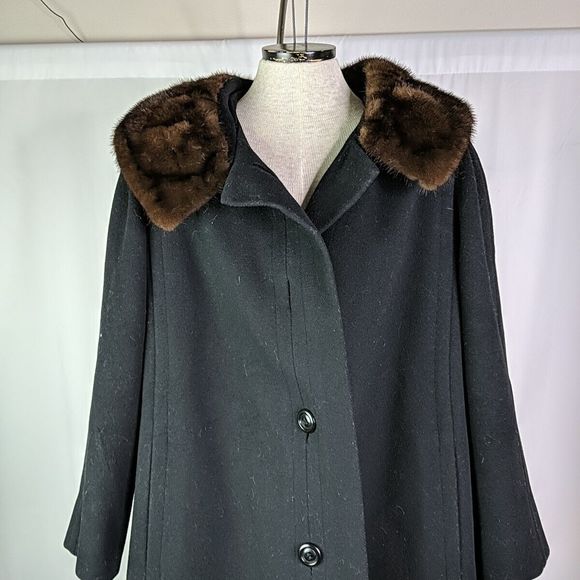 Auckie Sanft Black Pure Virgin Wool Coat Fur Collar Montreal Vintage Overcoat M - Picture 4 of 10